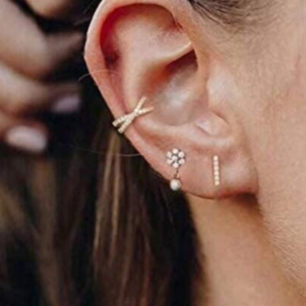 Double Ear Cuff Gold w/cubic zirconia Crossed Ear Cuff No Piercing Adjustable